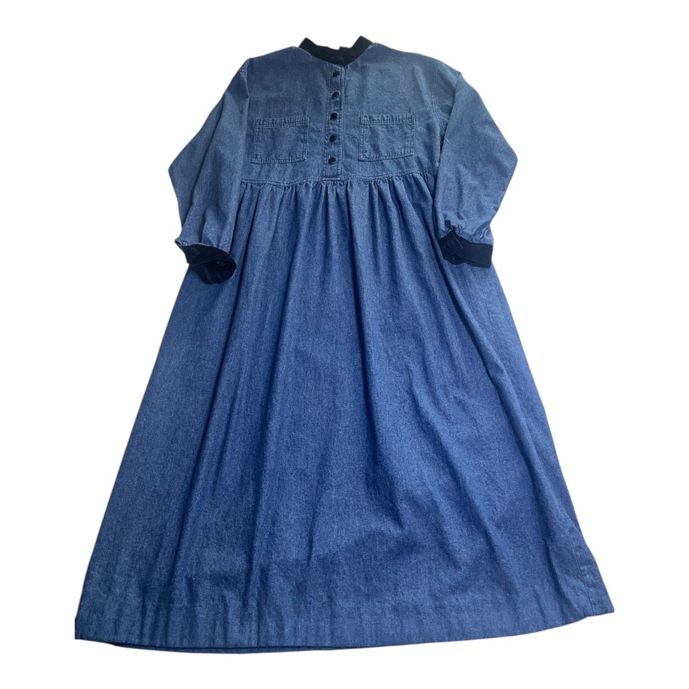 Vintage Jaclyn T Denim Jean Dress Long Sleeve Velvet Collar & Cuffs Size Medium